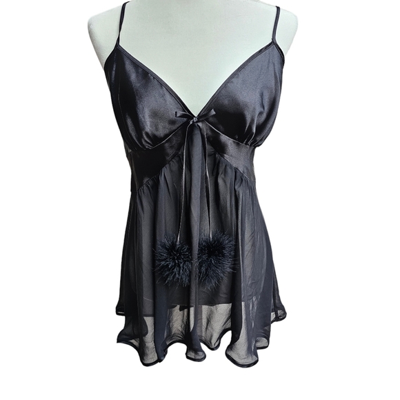 MaidenForm Chemise Nightie Lingerie with Fur Pompom and Sheer Skirt in Black, XL - Picture 1 of 8